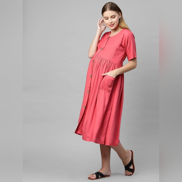 Coral: Pink Maternity/Nursing Dress - Picture 2 of 4